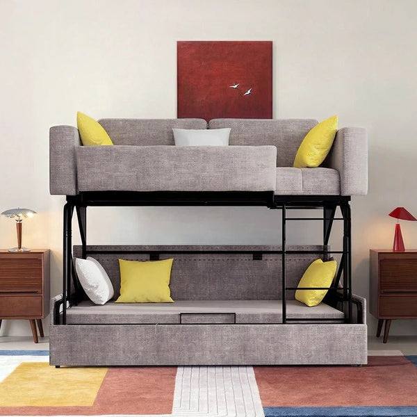 Pérez Two Seater Sofa Bed with Bunk Bed Function, Linen Upholstered Convertible Sofa Bed, Space Saving Pull-Out Sleeper Couch for Living Room & Guest Room - Sleek Furniture
