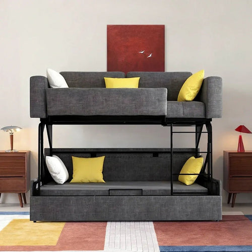 Pérez Two Seater Sofa Bed with Bunk Bed Function, Linen Upholstered Convertible Sofa Bed, Space Saving Pull-Out Sleeper Couch for Living Room & Guest Room - Sleek Furniture