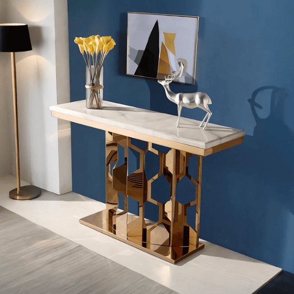 Piet Luxury Console Table – Marble Top & Metal Frame Hallway Table | Modern Contemporary Entryway Sofa Table (Grey, Black & White) - Sleek Furniture