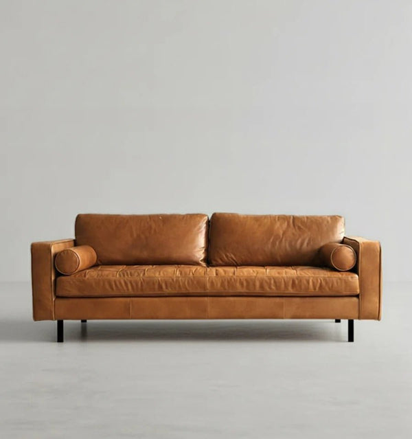 Porto Three Seater Sofa – Premium Real Leather 3-Seater Couch with High-Density Foam Comfort & Steel Frame Support, Brown - Sleek Furniture
