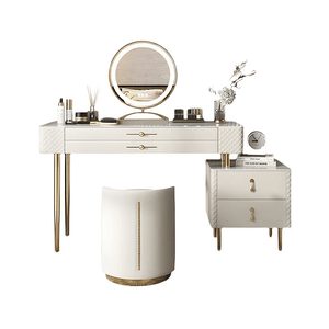 Prestigio Cream LED Dressing Table with Mirror and Stool – Modern Vanity Set with Storage, Stainless Steel & Solid Wood Finish - Sleek Furniture