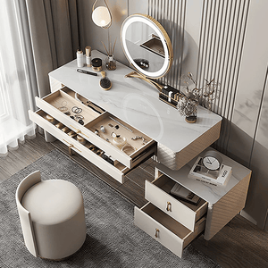 Prestigio Cream LED Dressing Table with Mirror and Stool – Modern Vanity Set with Storage, Stainless Steel & Solid Wood Finish - Sleek Furniture