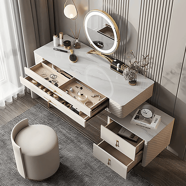 Prestigio Cream LED Dressing Table with Mirror and Stool – Modern Vanity Set with Storage, Stainless Steel & Solid Wood Finish - Sleek Furniture
