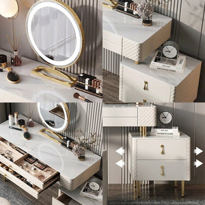 Prestigio Cream LED Dressing Table with Mirror and Stool – Modern Vanity Set with Storage, Stainless Steel & Solid Wood Finish - Sleek Furniture
