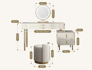 Prestigio Cream LED Dressing Table with Mirror and Stool – Modern Vanity Set with Storage, Stainless Steel & Solid Wood Finish - Sleek Furniture