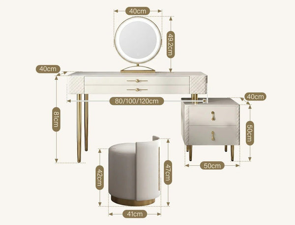Prestigio Cream LED Dressing Table with Mirror and Stool – Modern Vanity Set with Storage, Stainless Steel & Solid Wood Finish - Sleek Furniture