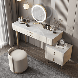 Prestigio Cream LED Dressing Table with Mirror and Stool – Modern Vanity Set with Storage, Stainless Steel & Solid Wood Finish - Sleek Furniture