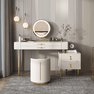 Prestigio Cream LED Dressing Table with Mirror and Stool – Modern Vanity Set with Storage, Stainless Steel & Solid Wood Finish - Sleek Furniture