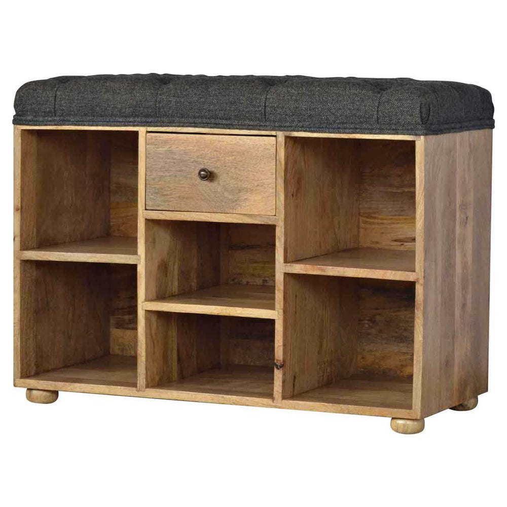 Black tweed cushioned shoe storage bench with one drawer and six open shelves in solid mango wood