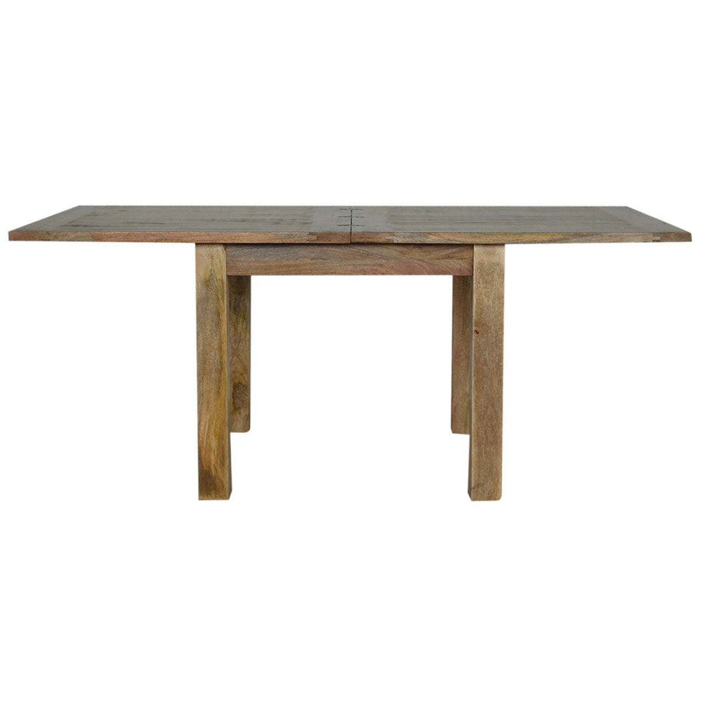 Extendable butterfly dining table in oak finish made of mango wood, shown fully extended with a practical country charm design