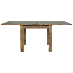 Extendable butterfly dining table in oak finish made of mango wood, shown fully extended with a practical country charm design