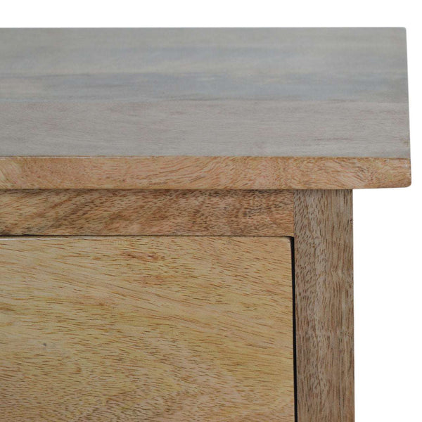 Nordic bedside table showing two deep storage drawers