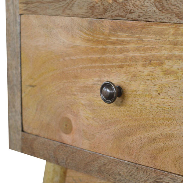 Solid mango wood bedside table with tapered legs and oak finish