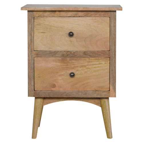 Nordic style bedside with two drawers in solid mango wood oak finish and tapered legs