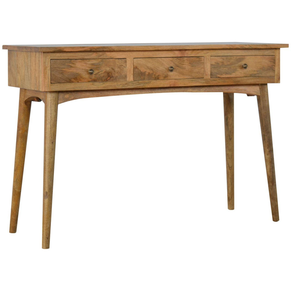 Large 3 drawer console table made of solid mango wood with a Nordic design and pewter-finished round knob handles.