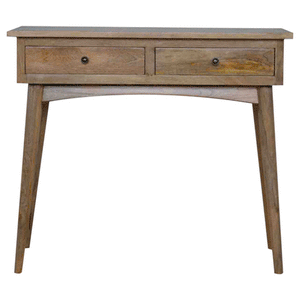 Hallway 2 drawer console table made of solid mango wood with oak finish and shiny knobs, featuring Nordic design and practical storage.
