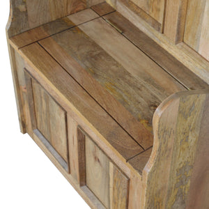 Small Monks country style wooden storage benchSmall Monks storage bench showing intricate carved side panels