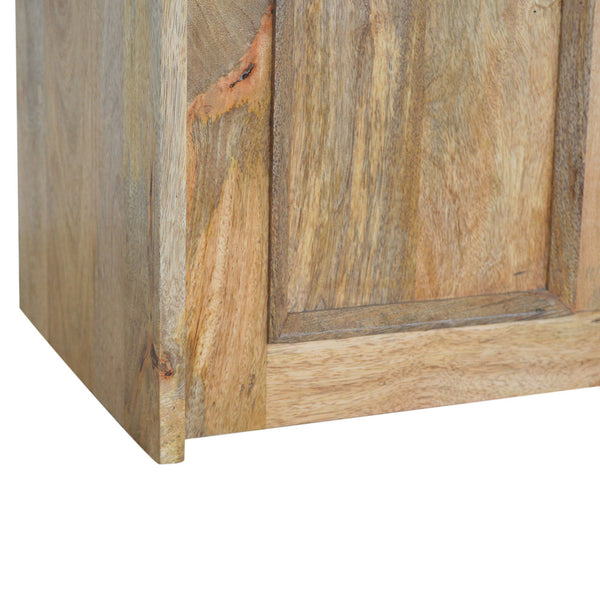 Small Monks wooden storage bench front view with carved detailing
