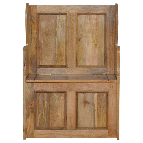 Small Monks mango wood bench showing detailed seat and backrest
