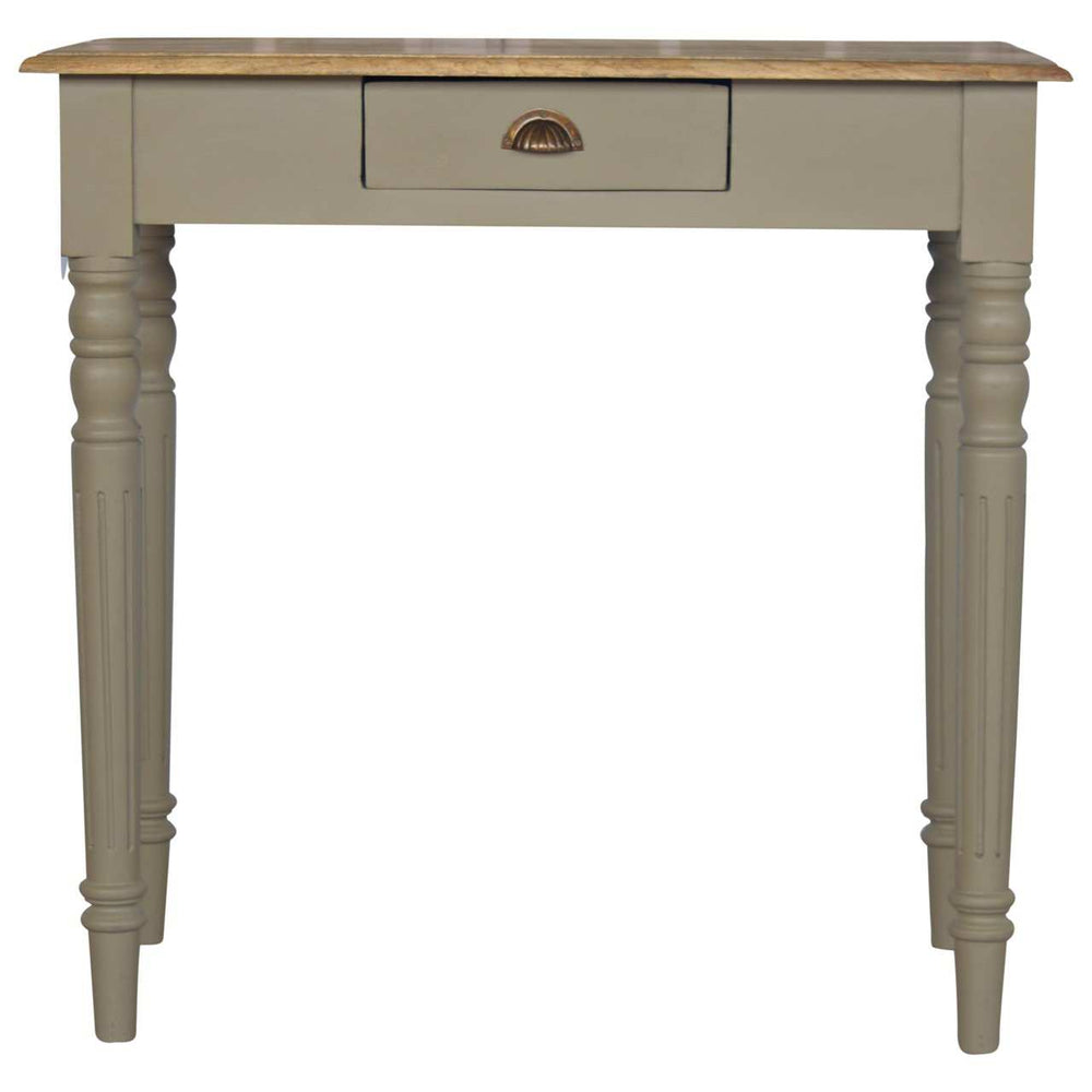 Hand painted writing desk with french grey base, stained oak top, carved flute legs, and single drawer with shell handle