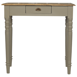 Hand painted writing desk with french grey base, stained oak top, carved flute legs, and single drawer with shell handle