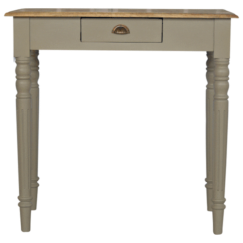 Hand painted writing desk with french grey base, stained oak top, carved flute legs, and single drawer with shell handle