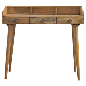 Gallery Back Shell writing desk made of solid mango wood with three drawers and a gallery back shelf.