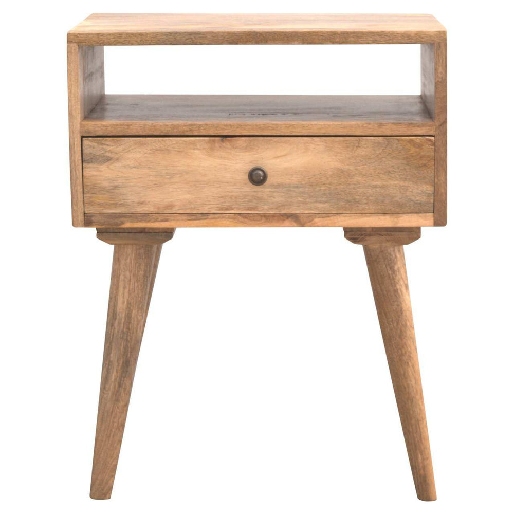 Modern bedside with open slot, drawer, shelf, solid mango wood, oak finish, Nordic legs