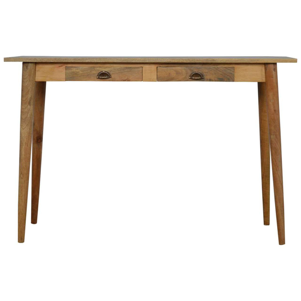 2 drawer Nordic style writing desk in solid mango wood with shell handles and smooth oak finish