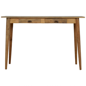2 drawer Nordic style writing desk in solid mango wood with shell handles and smooth oak finish