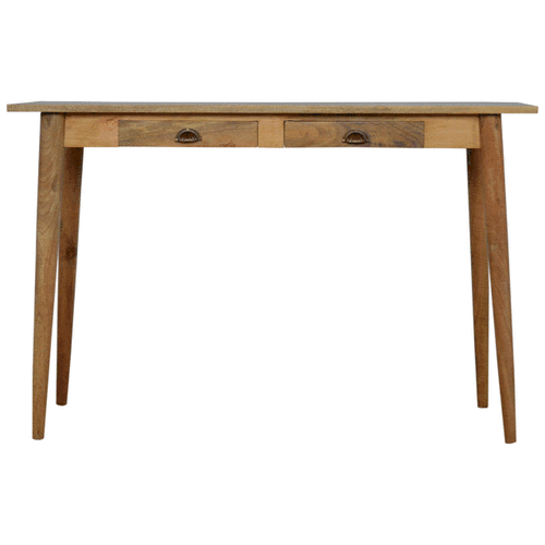 2 drawer Nordic style writing desk in solid mango wood with shell handles and smooth oak finish