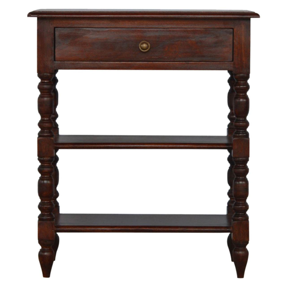 Turned occasional table with 1 drawer, 2 shelves, cherry finish, and hand-turned legs made of solid mango wood