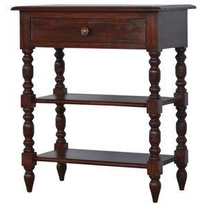 Turned occasional table with 1 drawer, 2 shelves, cherry finish, and hand-turned legs made of solid mango wood