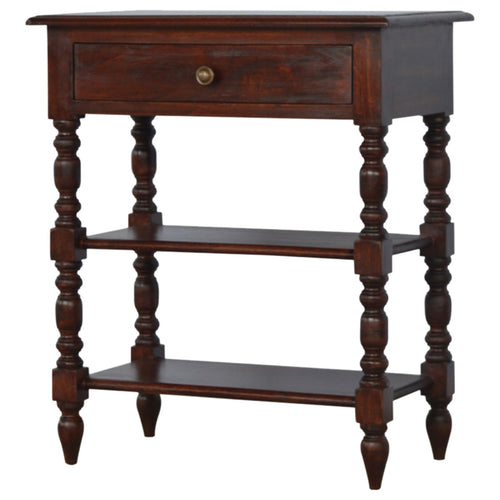 Turned occasional table with 1 drawer, 2 shelves, cherry finish, and hand-turned legs made of solid mango wood