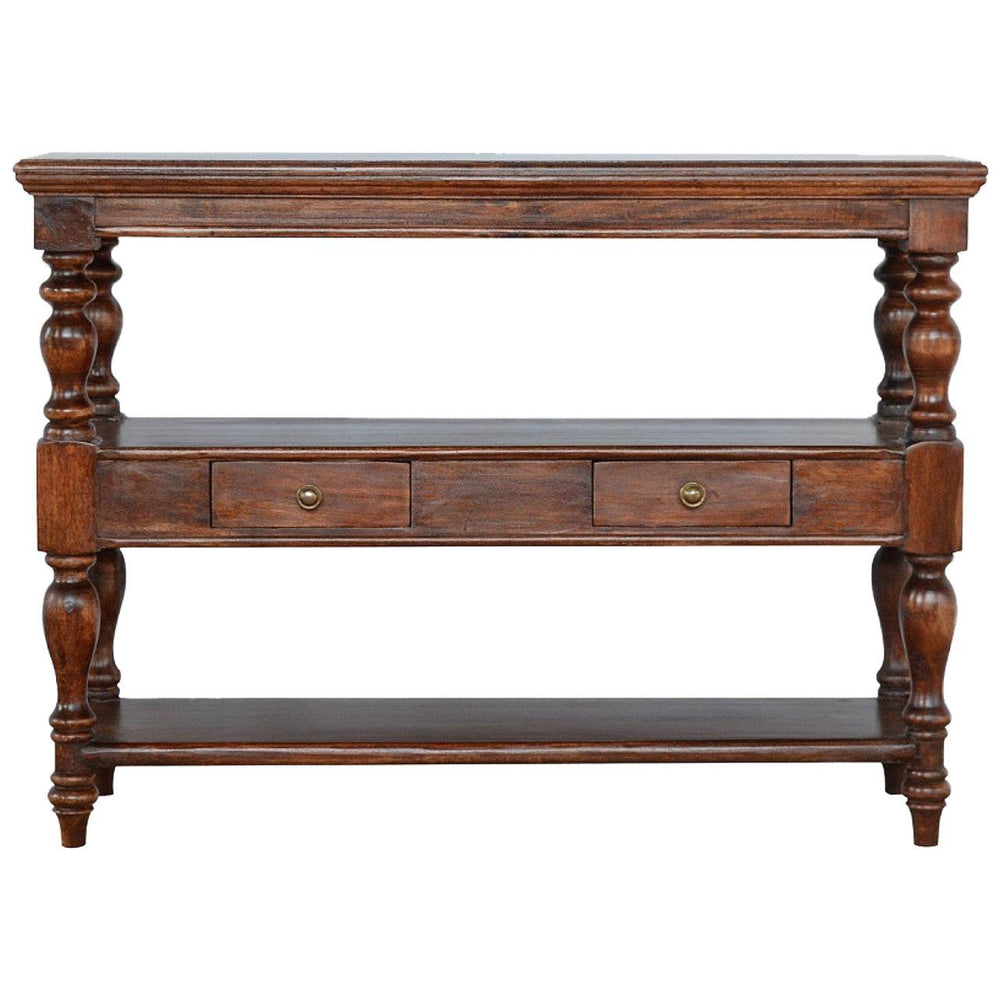 Solid wood turned leg console table with three shelves and a drawer in dark brown finish