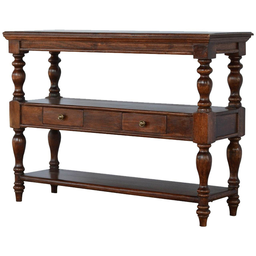 Solid wood turned leg console table with three shelves and a drawer in dark brown finish