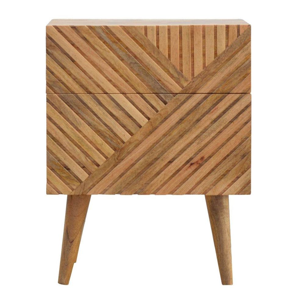 Lille 2 drawer bedside table in solid mango wood with hand carved diagonal line design and Nordic style legs