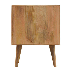 Lille solid wood bedside table showing carved drawer detail