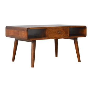 Chestnut coffee table with open shelves and curved edges