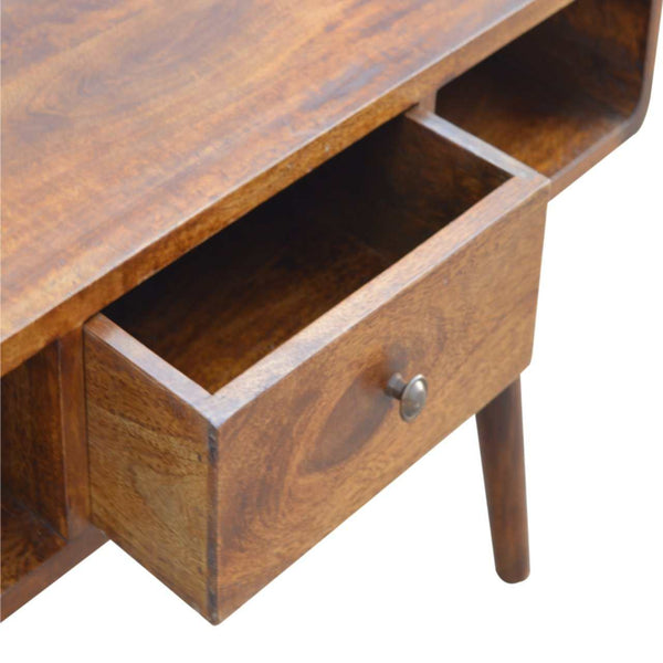 Curved chestnut coffee table made from solid mango wood