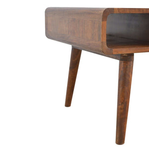 Curved mango wood coffee table with two drawers and open storage