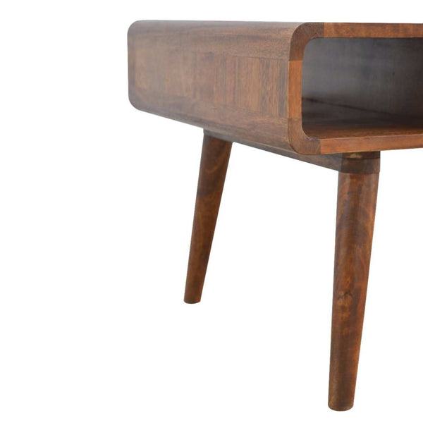 Curved mango wood coffee table with two drawers and open storage