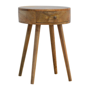 Nordic circular bedside made of solid mango wood with oak finish and single drawer with knob
