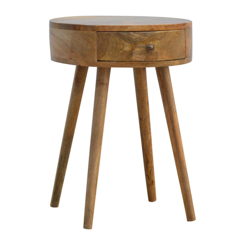 Nordic circular bedside made of solid mango wood with oak finish and single drawer with knob