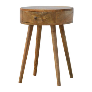 Round Nordic bedside table with practical storage drawer