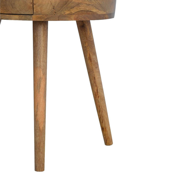 Nordic bedside table with circular shape and wooden drawer