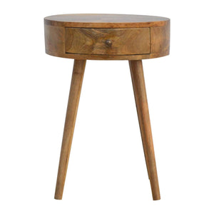 Nordic circular bedside table showcasing solid mango wood construction