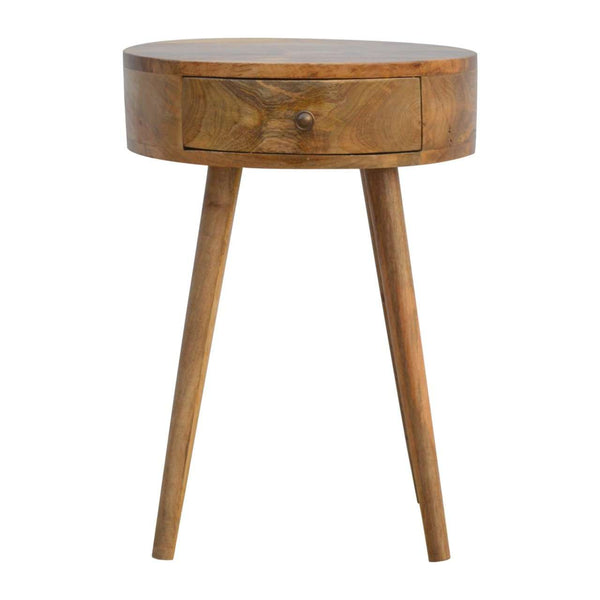 Nordic circular bedside table showcasing solid mango wood construction