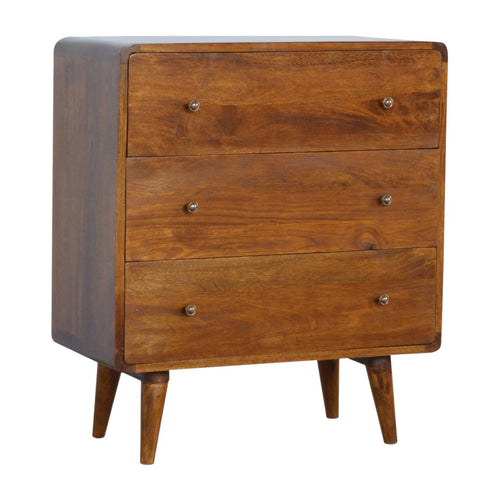 Curved chestnut chest of drawers made from solid mango wood with three drawers and Nordic legs