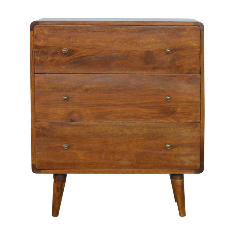 Curved chestnut chest of drawers made from solid mango wood with three drawers and Nordic legs